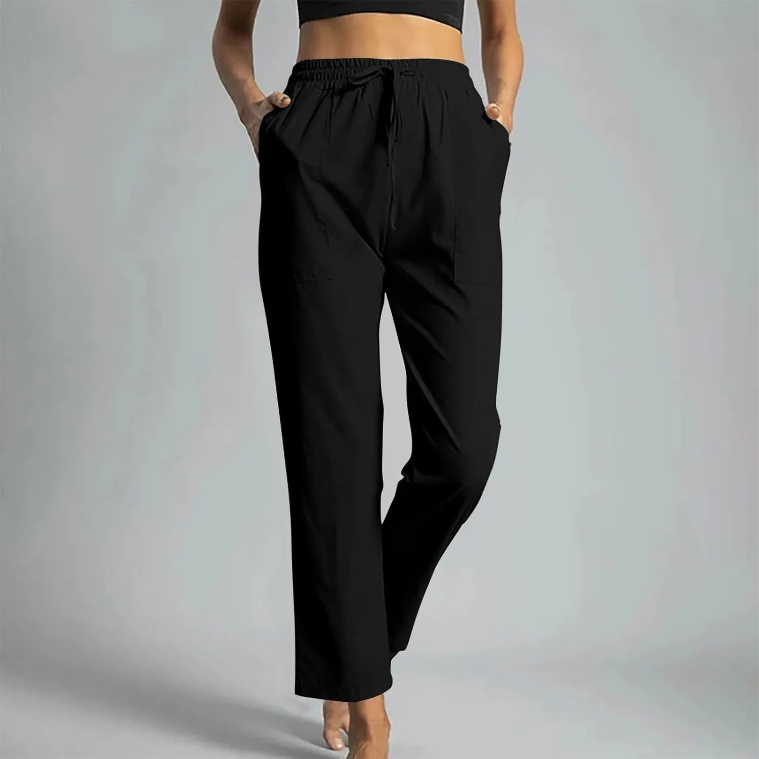 Womens Cotton Linen Pants Solid Color Wide Leg Trousers Casual Elastic High Waisted Slacks with Pockets