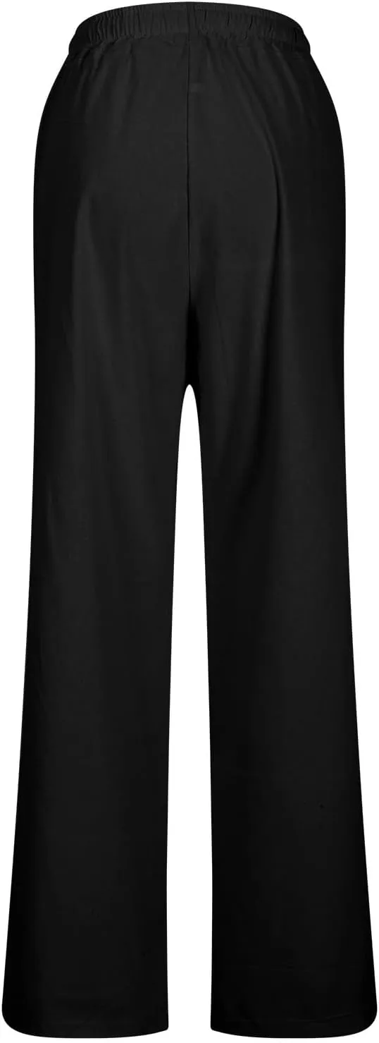 Womens Cotton Linen Pants Solid Color Wide Leg Trousers Casual Elastic High Waisted Slacks with Pockets