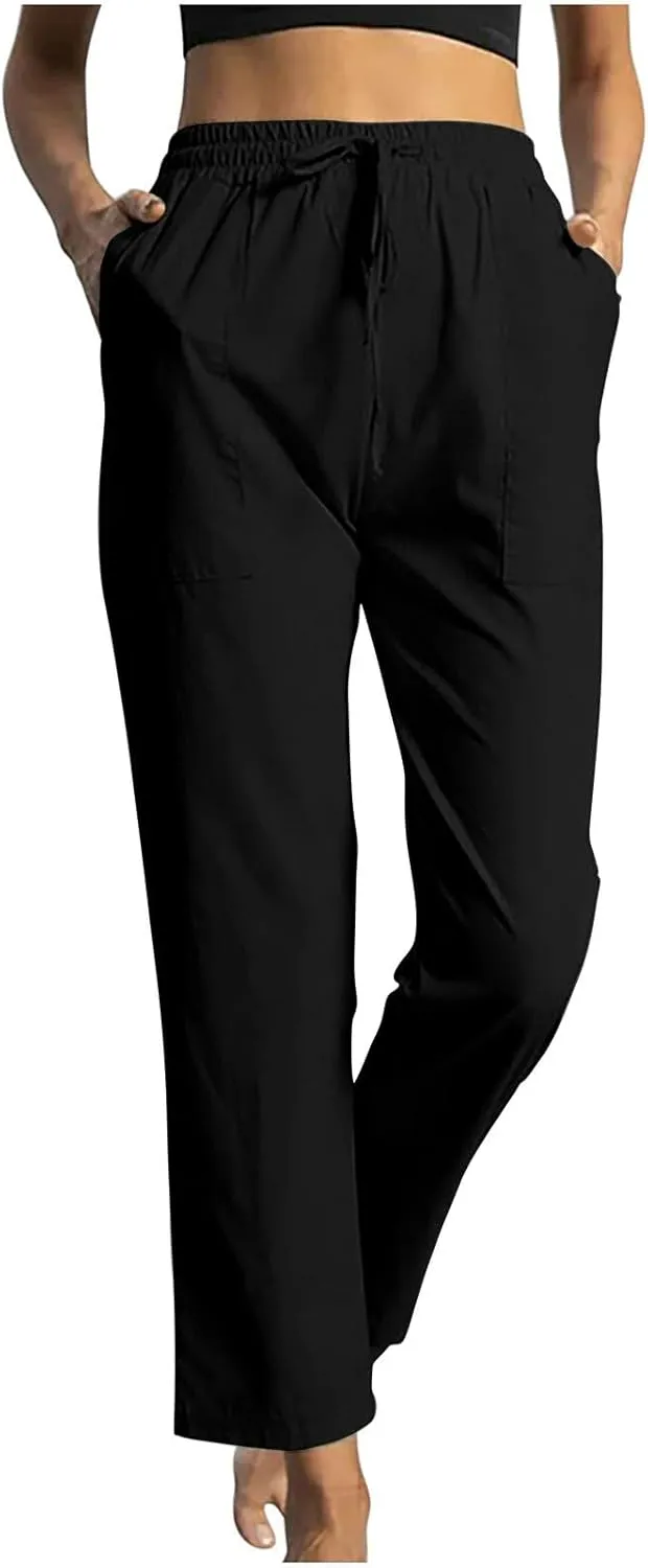 Womens Cotton Linen Pants Solid Color Wide Leg Trousers Casual Elastic High Waisted Slacks with Pockets