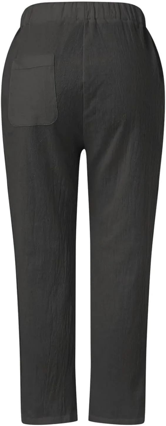 Womens Cotton Linen Pants Summer Casual Wide Leg Elastic Palazzo Pants High Waisted Loose Beach Trousers with Pockets