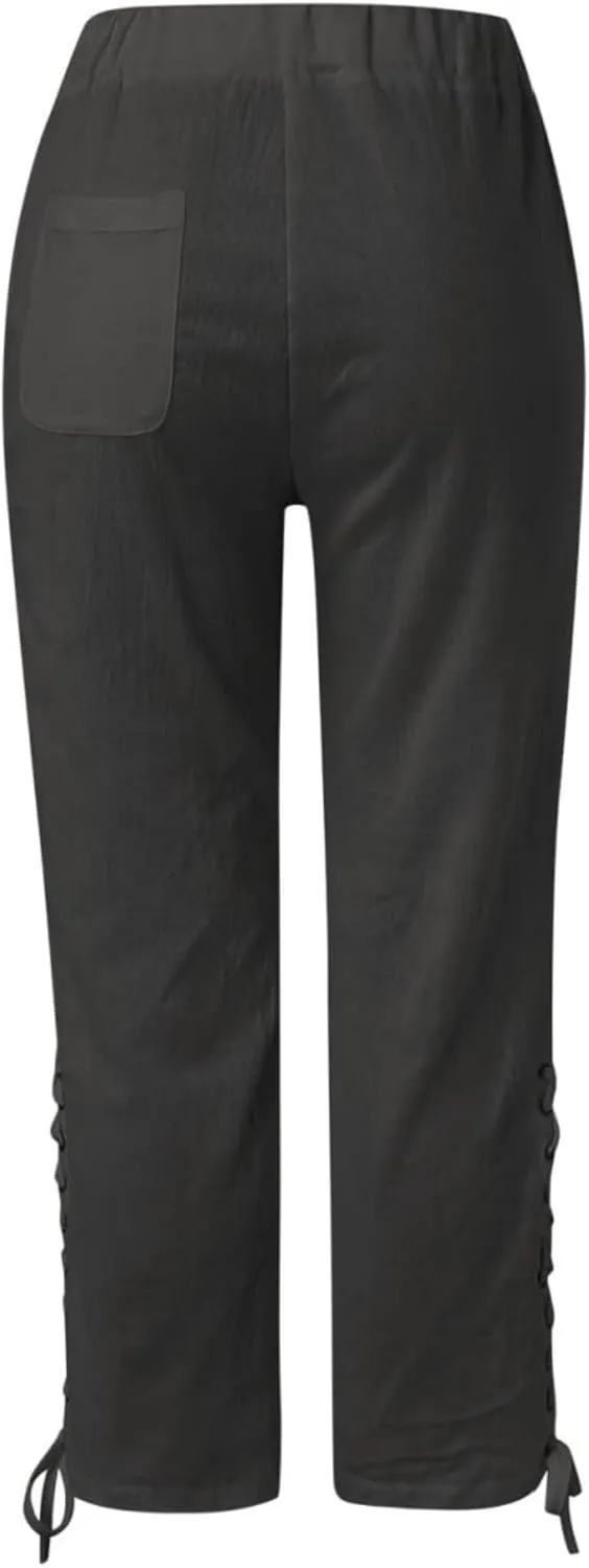 Womens Cotton Linen Pants Summer Casual Wide Leg Elastic Palazzo Pants High Waisted Loose Beach Trousers with Pockets