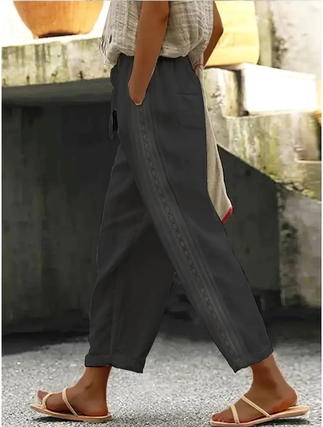 Womens Cotton Linen Pants Summer Casual Wide Leg Elastic Palazzo Pants High Waisted Loose Beach Trousers with Pockets