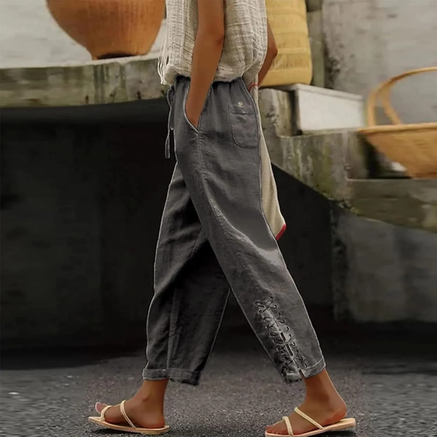 Womens Cotton Linen Pants Summer Casual Wide Leg Elastic Palazzo Pants High Waisted Loose Beach Trousers with Pockets