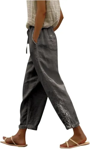 Womens Cotton Linen Pants Summer Casual Wide Leg Elastic Palazzo Pants High Waisted Loose Beach Trousers with Pockets