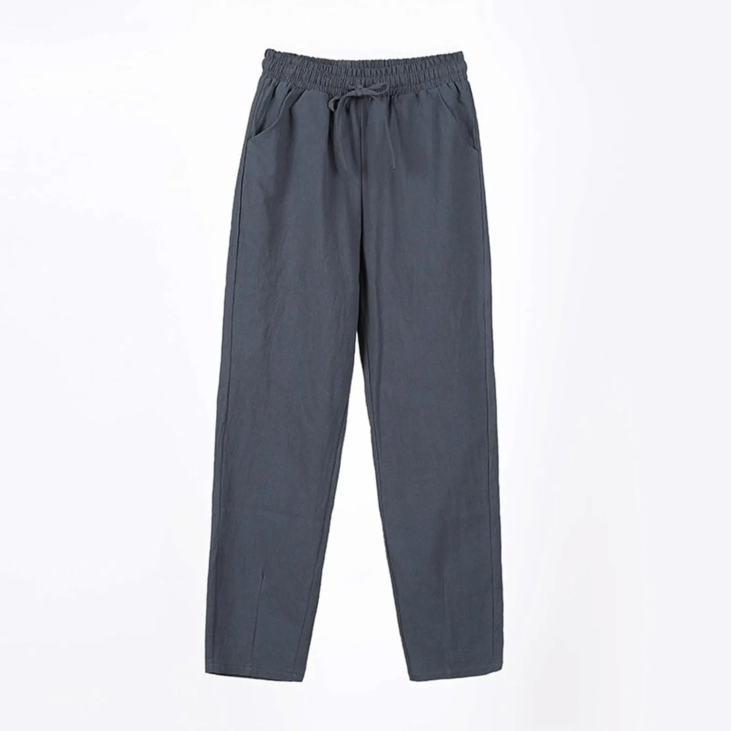 Womens Cotton Linen Pants with Pockets Straight Leg Drawstring Elastic Waisted Lounge Summer Pants Beach Trousers