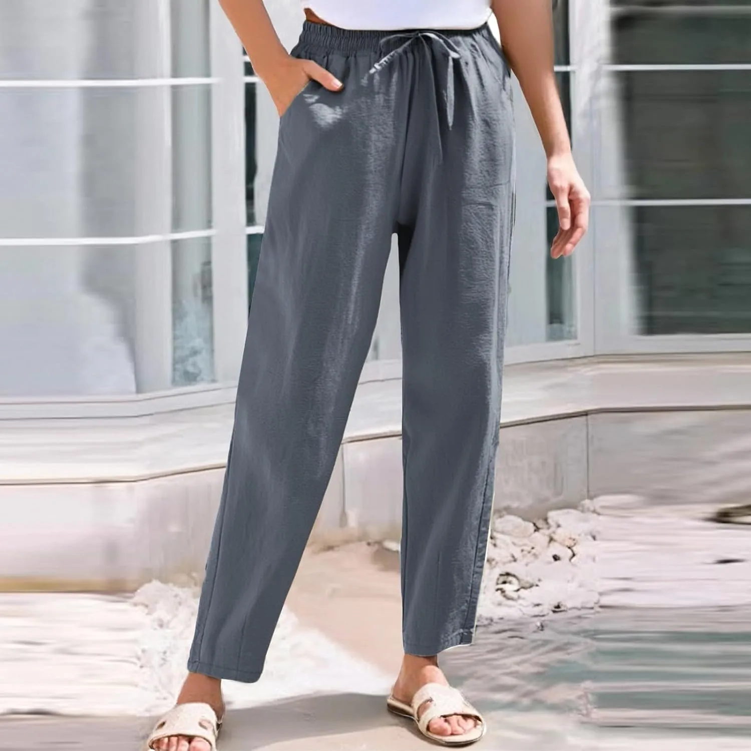 Womens Cotton Linen Pants with Pockets Straight Leg Drawstring Elastic Waisted Lounge Summer Pants Beach Trousers
