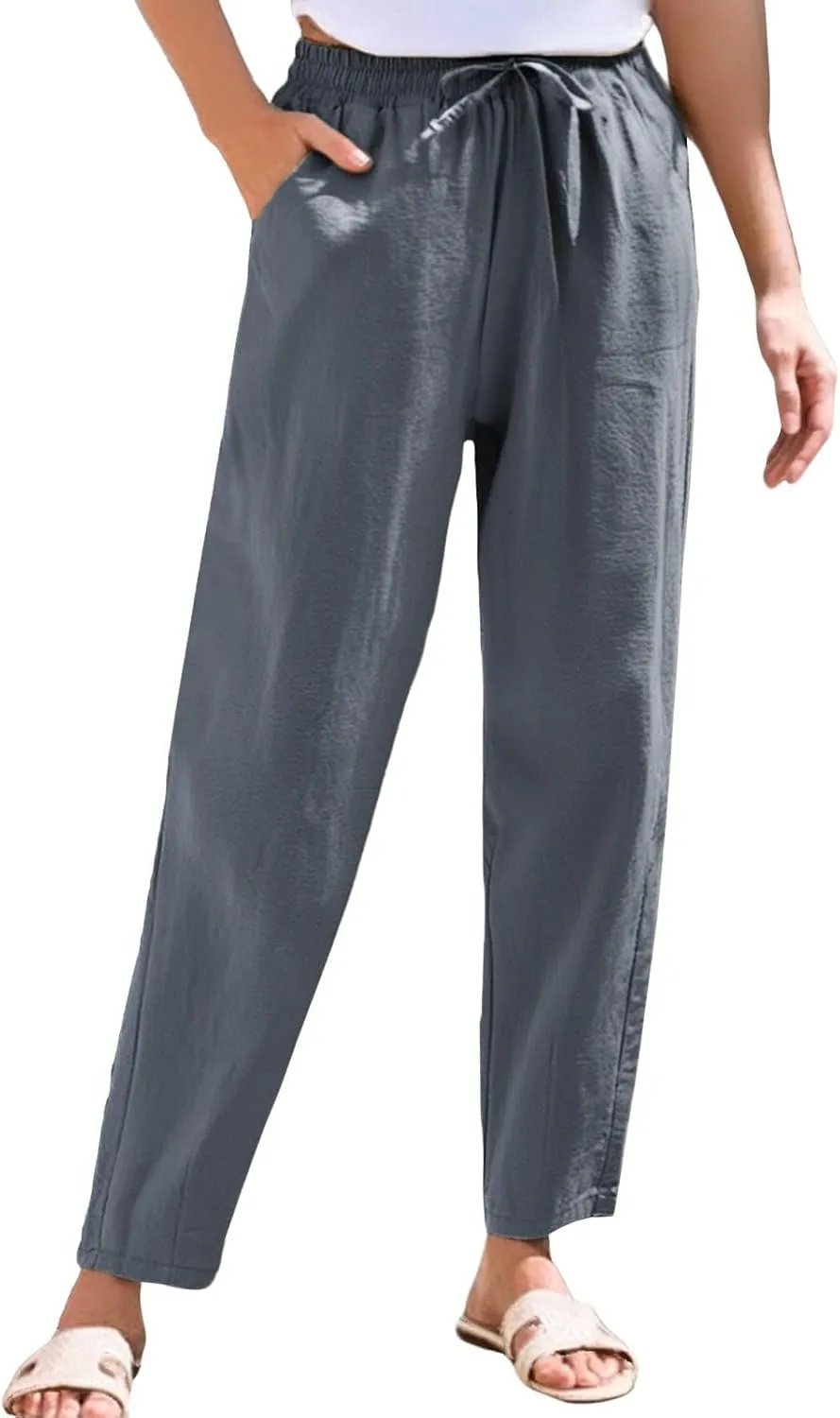 Womens Cotton Linen Pants with Pockets Straight Leg Drawstring Elastic Waisted Lounge Summer Pants Beach Trousers