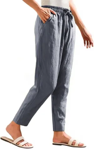 Womens Cotton Linen Pants with Pockets Straight Leg Drawstring Elastic Waisted Lounge Summer Pants Beach Trousers