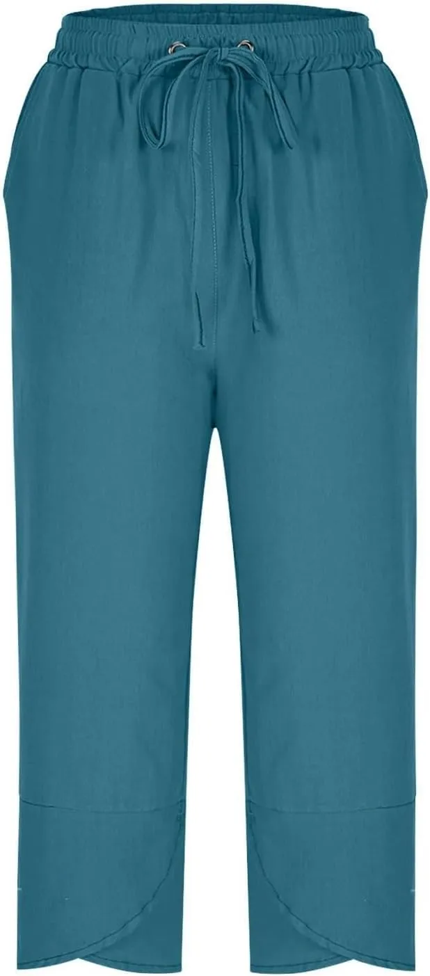 Women's Cotton Linen Straight Leg Pants Capri Pants Elastic Drawstring Casual Trousers with Pockets Summer Beach