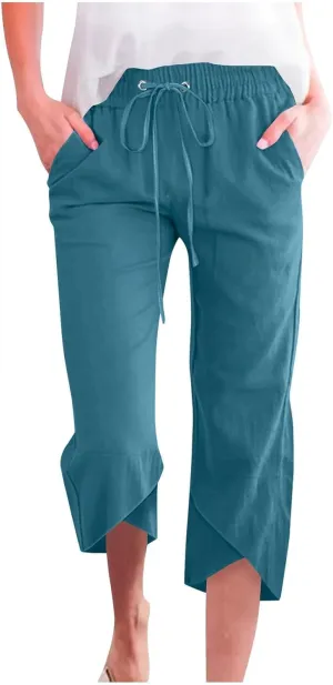 Women's Cotton Linen Straight Leg Pants Capri Pants Elastic Drawstring Casual Trousers with Pockets Summer Beach