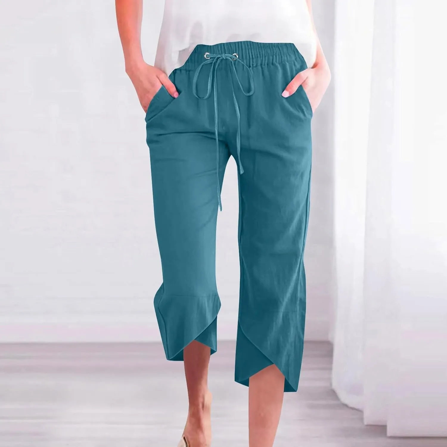 Women's Cotton Linen Straight Leg Pants Capri Pants Elastic Drawstring Casual Trousers with Pockets Summer Beach