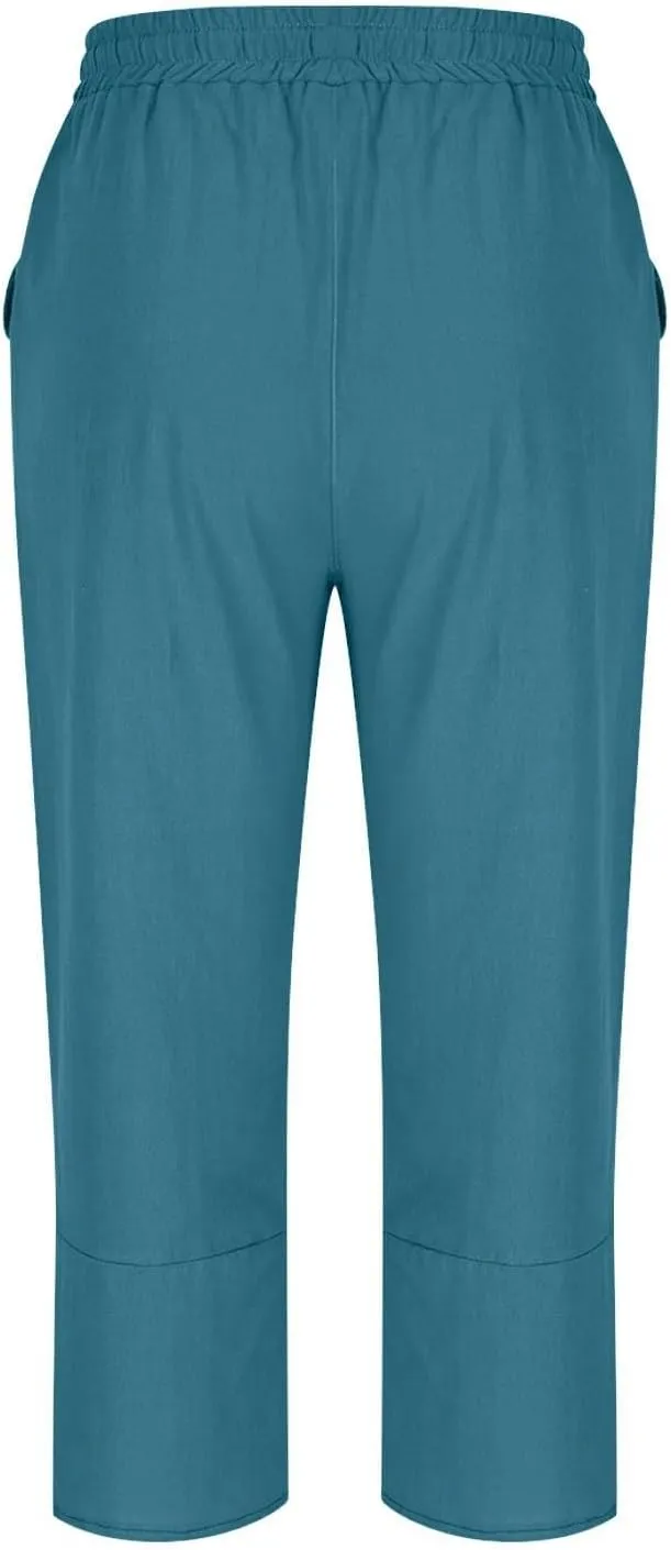 Women's Cotton Linen Straight Leg Pants Capri Pants Elastic Drawstring Casual Trousers with Pockets Summer Beach