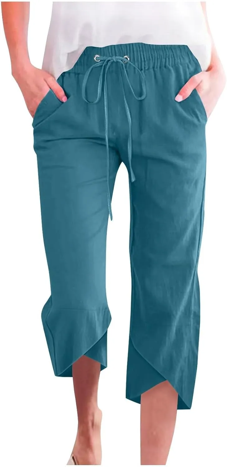 Women's Cotton Linen Straight Leg Pants Capri Pants Elastic Drawstring Casual Trousers with Pockets Summer Beach