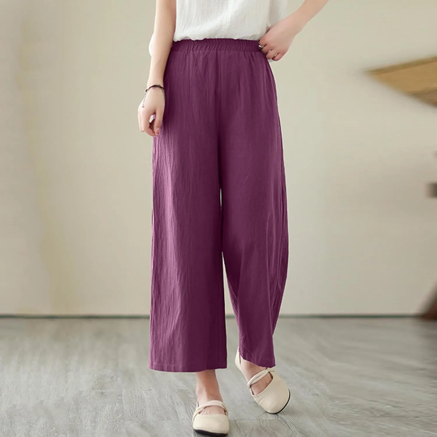Womens Cotton Linen Summer Baggy Palazzo Pants Low Waist Lounge Pants Slim-Fit Palazzo Lounge Pants Beach
