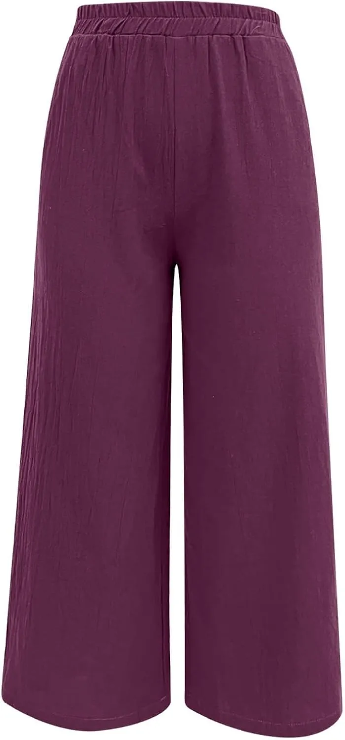 Womens Cotton Linen Summer Baggy Palazzo Pants Low Waist Lounge Pants Slim-Fit Palazzo Lounge Pants Beach