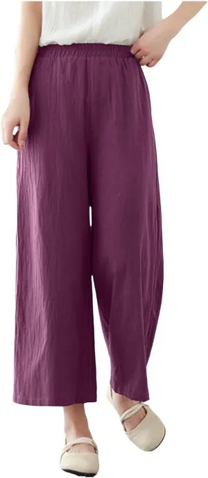 Womens Cotton Linen Summer Baggy Palazzo Pants Low Waist Lounge Pants Slim-Fit Palazzo Lounge Pants Beach