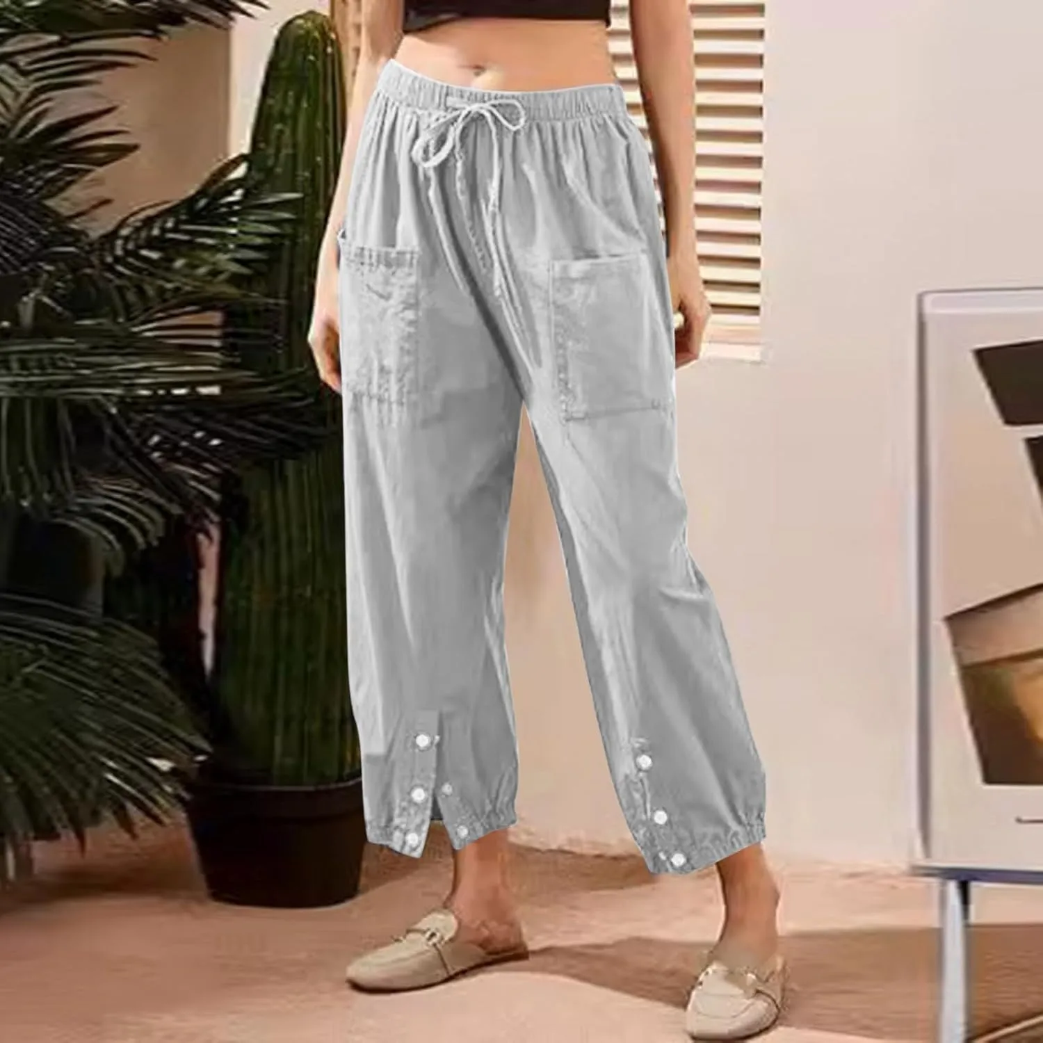 Womens Cotton Linen Summer Drawstring Palazzo Lounge Pants Low Waist Ankle Length Slim-Fit Trousers Trendy