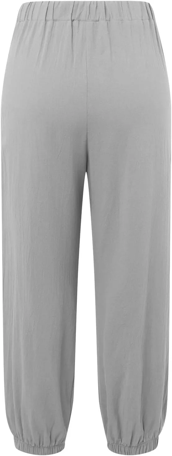 Womens Cotton Linen Summer Drawstring Palazzo Lounge Pants Low Waist Ankle Length Slim-Fit Trousers Trendy