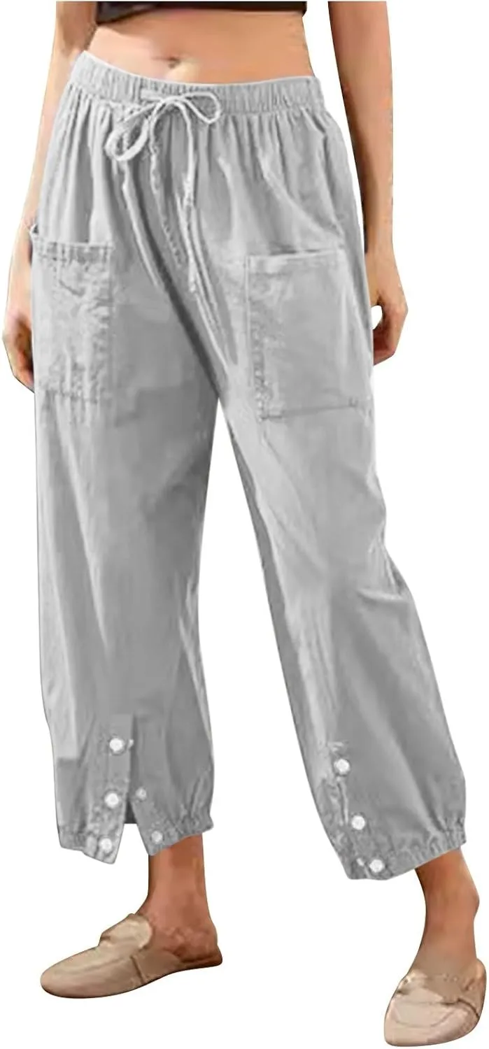 Womens Cotton Linen Summer Drawstring Palazzo Lounge Pants Low Waist Ankle Length Slim-Fit Trousers Trendy