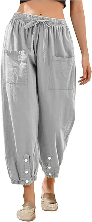 Womens Cotton Linen Summer Drawstring Palazzo Lounge Pants Low Waist Ankle Length Slim-Fit Trousers Trendy