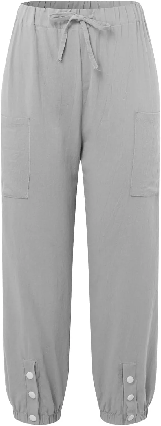 Womens Cotton Linen Summer Drawstring Palazzo Lounge Pants Low Waist Ankle Length Slim-Fit Trousers Trendy