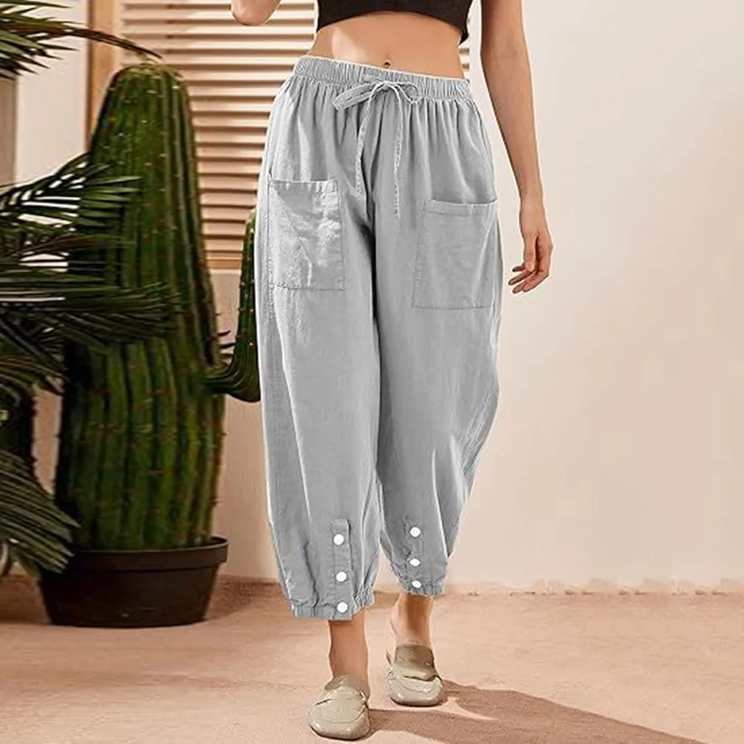 Womens Cotton Linen Summer Drawstring Palazzo Lounge Pants Low Waist Ankle Length Slim-Fit Trousers Trendy