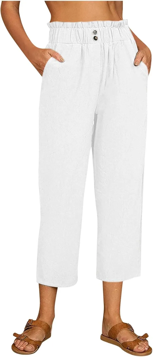 Women's Cotton Linen Summer Drawstring Palazzo Pants High Waist Lounge Pants Plus Size Pant Trousers Vacation