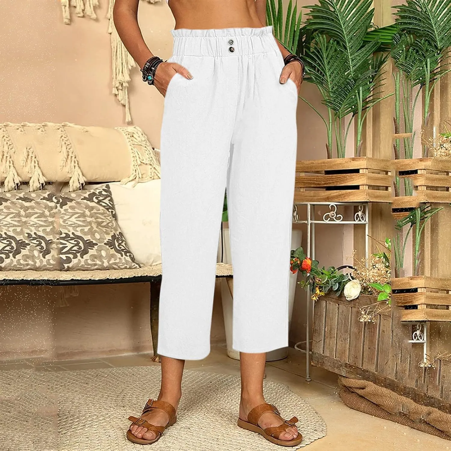 Women's Cotton Linen Summer Drawstring Palazzo Pants High Waist Lounge Pants Plus Size Pant Trousers Vacation