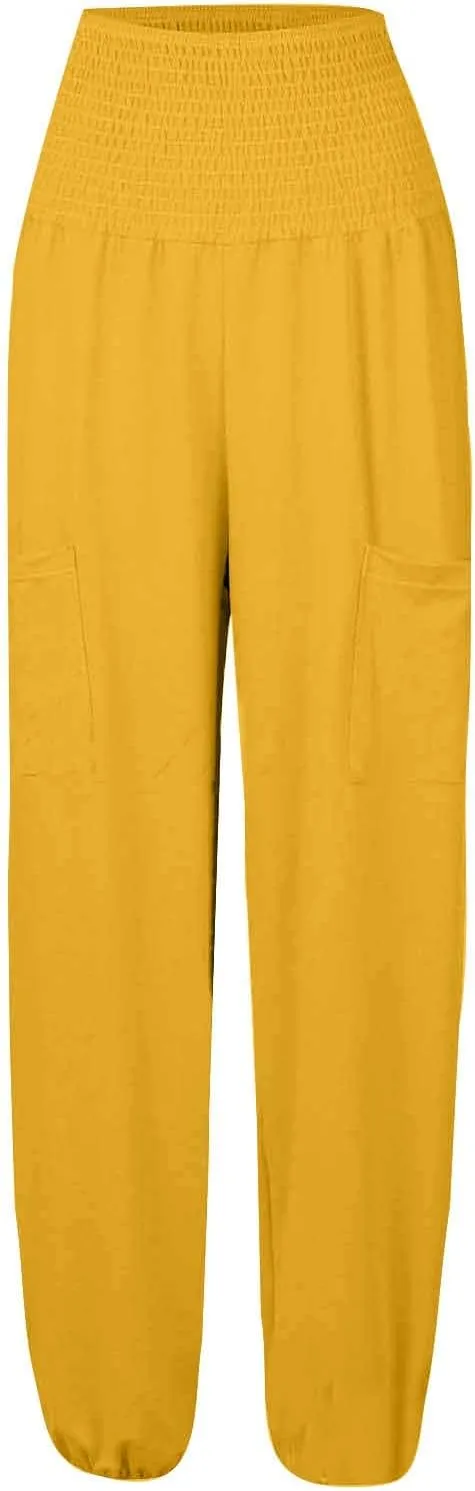 Womens Cotton Linen Summer Drawstring Pants Low Waist Wide Leg Plus Size Palazzo Lounge Pants Travel