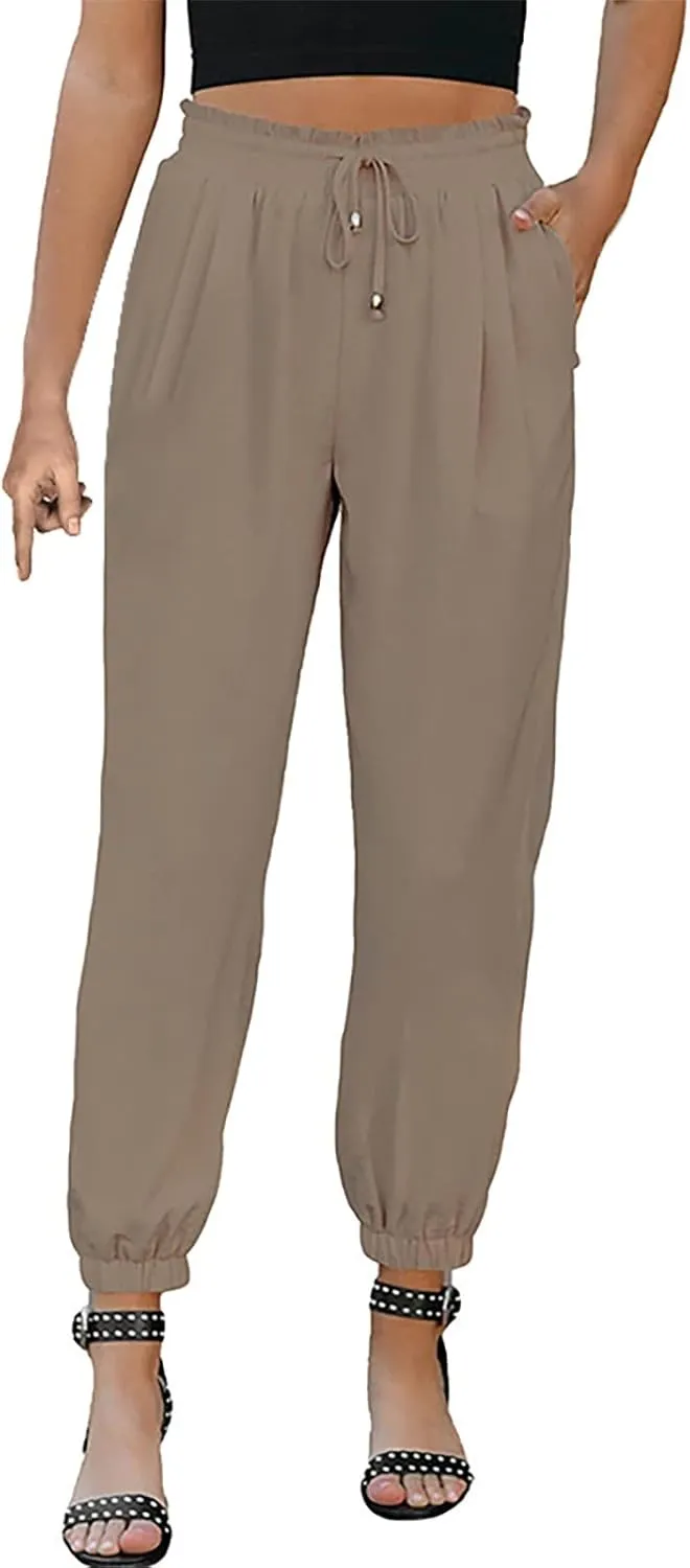 Womens Cotton Linen Summer Loose Flowy Palazzo Pants Elastic Waist Stretchy Loose Fit Trousers Work Business