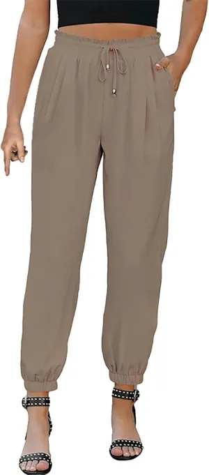 Womens Cotton Linen Summer Loose Flowy Palazzo Pants Elastic Waist Stretchy Loose Fit Trousers Work Business
