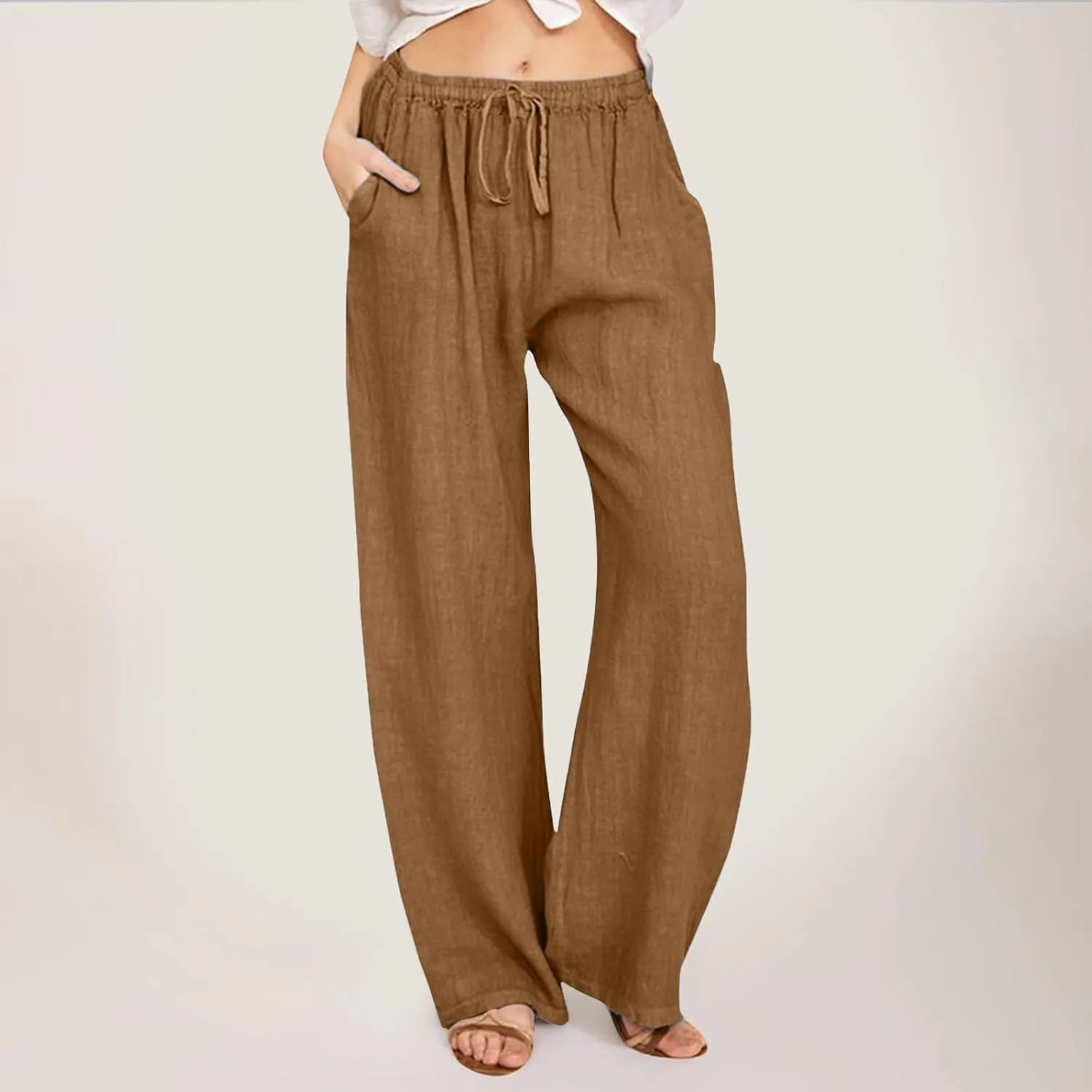 Women's Cotton Linen Summer Loose Palazzo Lounge Pants High Waist Straight Loose Fit Palazzo Pants Work Business