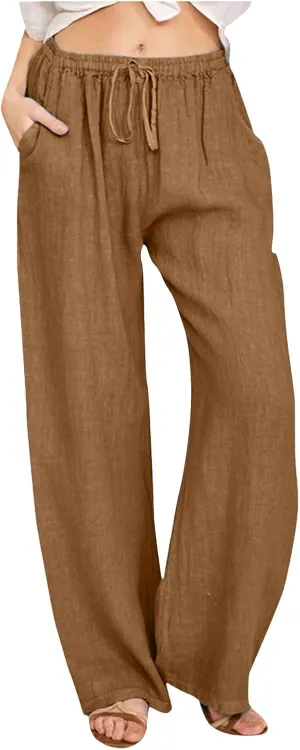 Women's Cotton Linen Summer Loose Palazzo Lounge Pants High Waist Straight Loose Fit Palazzo Pants Work Business