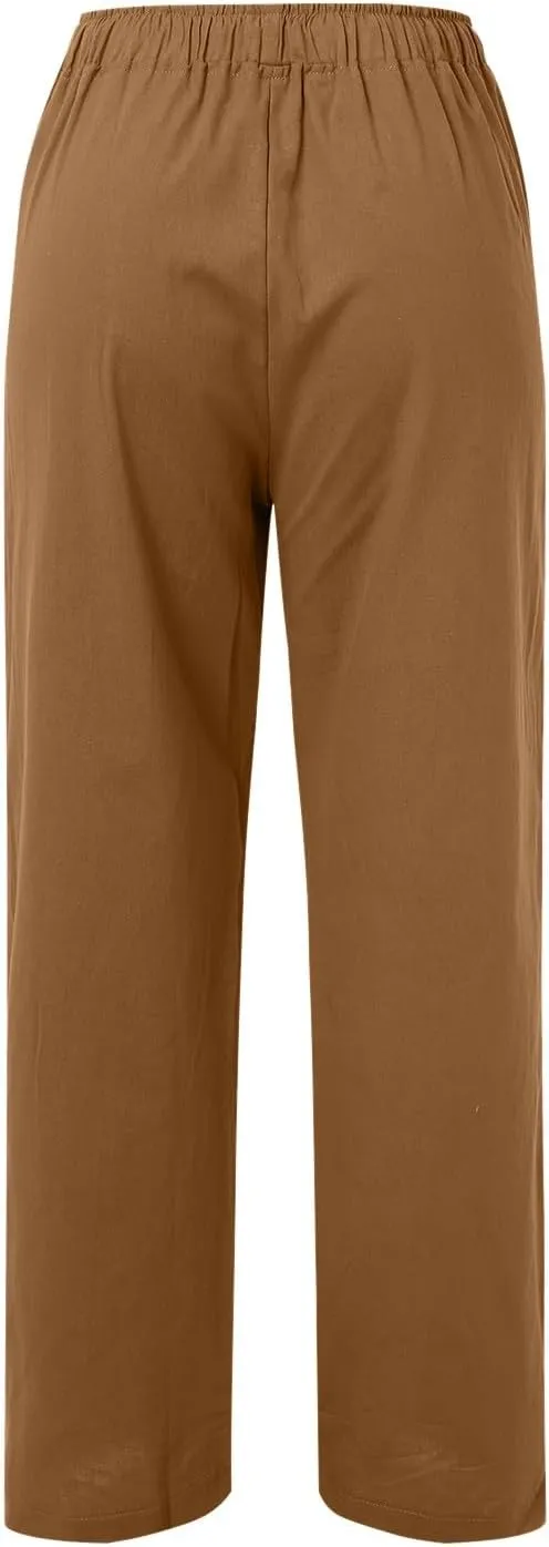 Women's Cotton Linen Summer Loose Palazzo Lounge Pants High Waist Straight Loose Fit Palazzo Pants Work Business