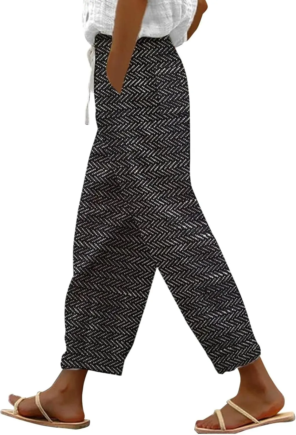 Women's Cotton Linen Summer Palazzo Pants 2025 Wide Leg Beach Lounge Trousers with Pockets Vacation Outfits B-Black