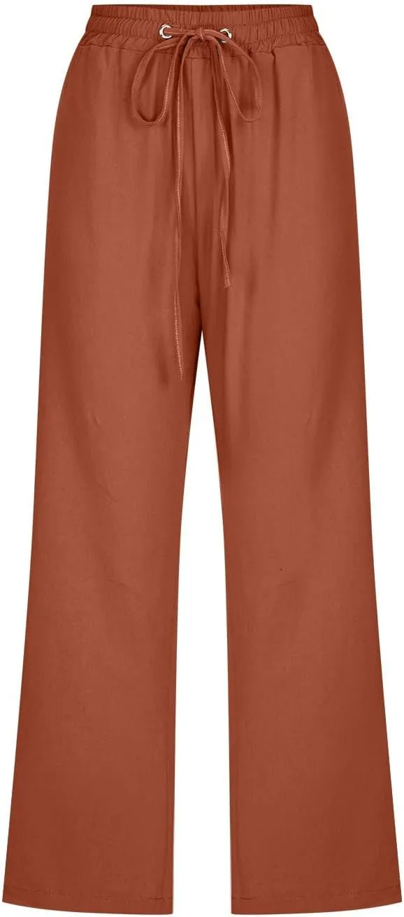 Womens Cotton Linen Summer Print Palazzo Lounge Pants Low Waist Long Lounge Plus Size Trouser Travel