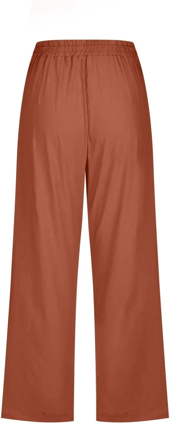 Womens Cotton Linen Summer Print Palazzo Lounge Pants Low Waist Long Lounge Plus Size Trouser Travel