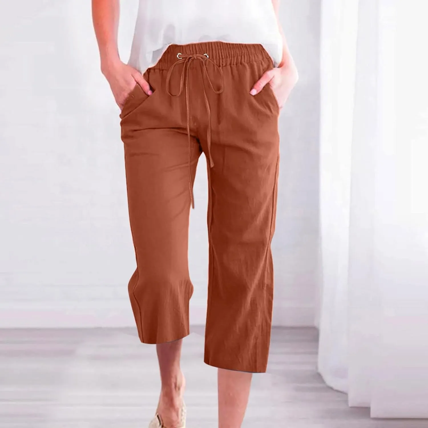 Womens Cotton Linen Summer Print Palazzo Lounge Pants Low Waist Long Lounge Plus Size Trouser Travel