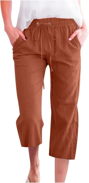 Womens Cotton Linen Summer Print Palazzo Lounge Pants Low Waist Long Lounge Plus Size Trouser Travel