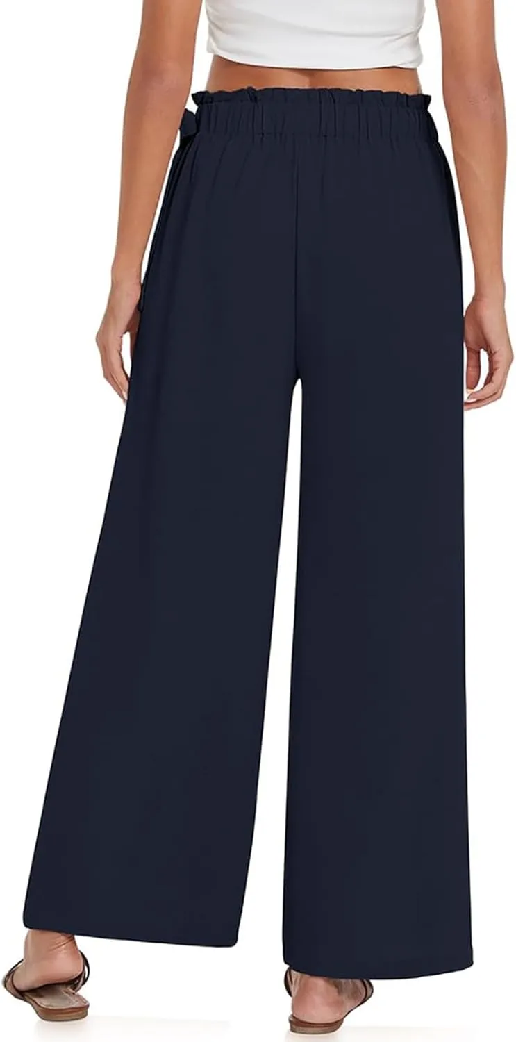 Women's Cotton Linen Summer Y2K Streetwear Palazzo Lounge Pants Elastic Waist Baggy Stretchy Slim-Fit