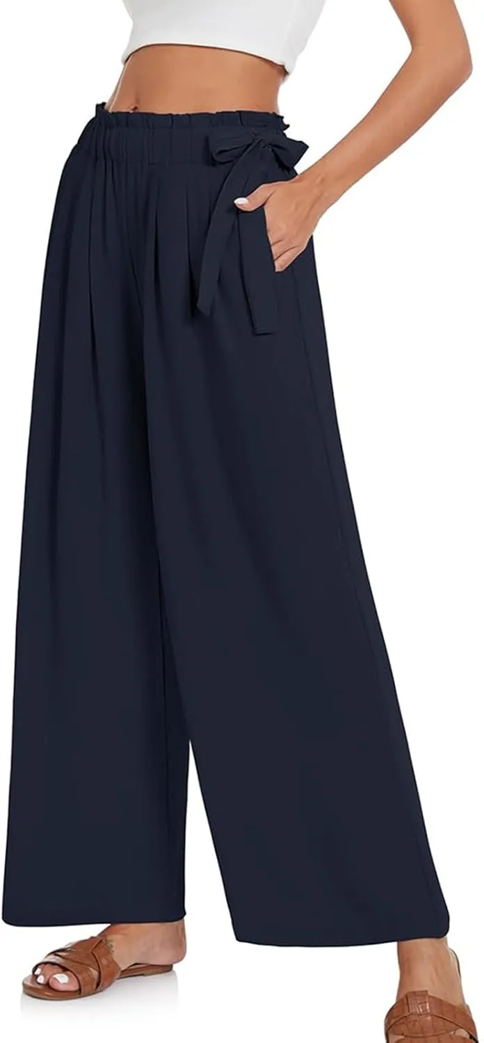 Women's Cotton Linen Summer Y2K Streetwear Palazzo Lounge Pants Elastic Waist Baggy Stretchy Slim-Fit