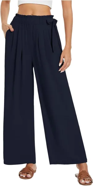 Women's Cotton Linen Summer Y2K Streetwear Palazzo Lounge Pants Elastic Waist Baggy Stretchy Slim-Fit