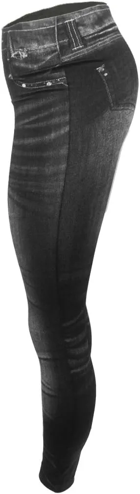 Women's Denim Print Fake Jeans Seamless Fleece Lined Leggings, Full Length