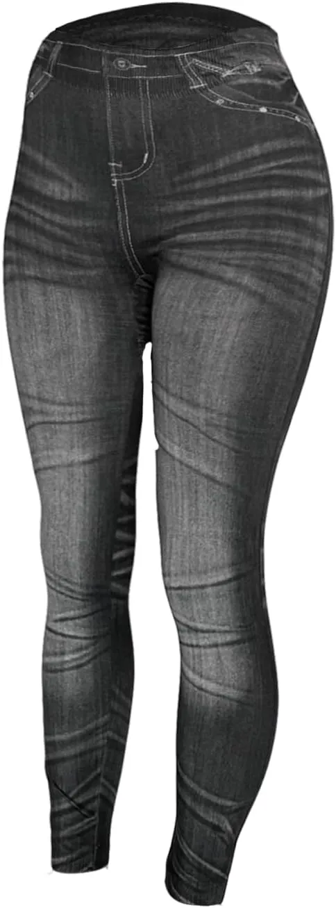 Women's Denim Print Fake Jeans Seamless Fleece Lined Leggings, Full Length