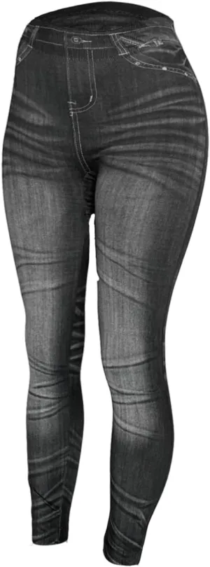 Women's Denim Print Fake Jeans Seamless Fleece Lined Leggings, Full Length