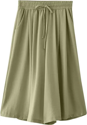 Women's Drawstring Waist Skirt Pants Soft Cotton Linen Wide Leg Trousers with Pockets Casual Loose Fit for Summer