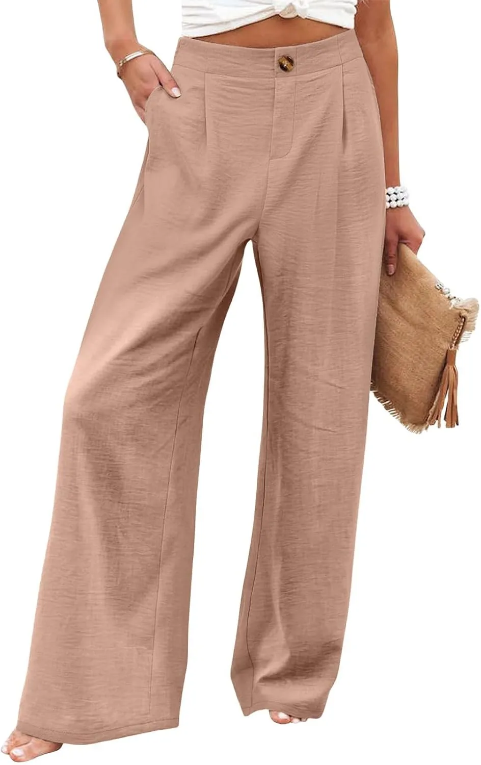 Women's Dress Pants Cotton Linen Wide Leg Pants with Pockets Button Down Office Pleated Business Casual Work Trousers