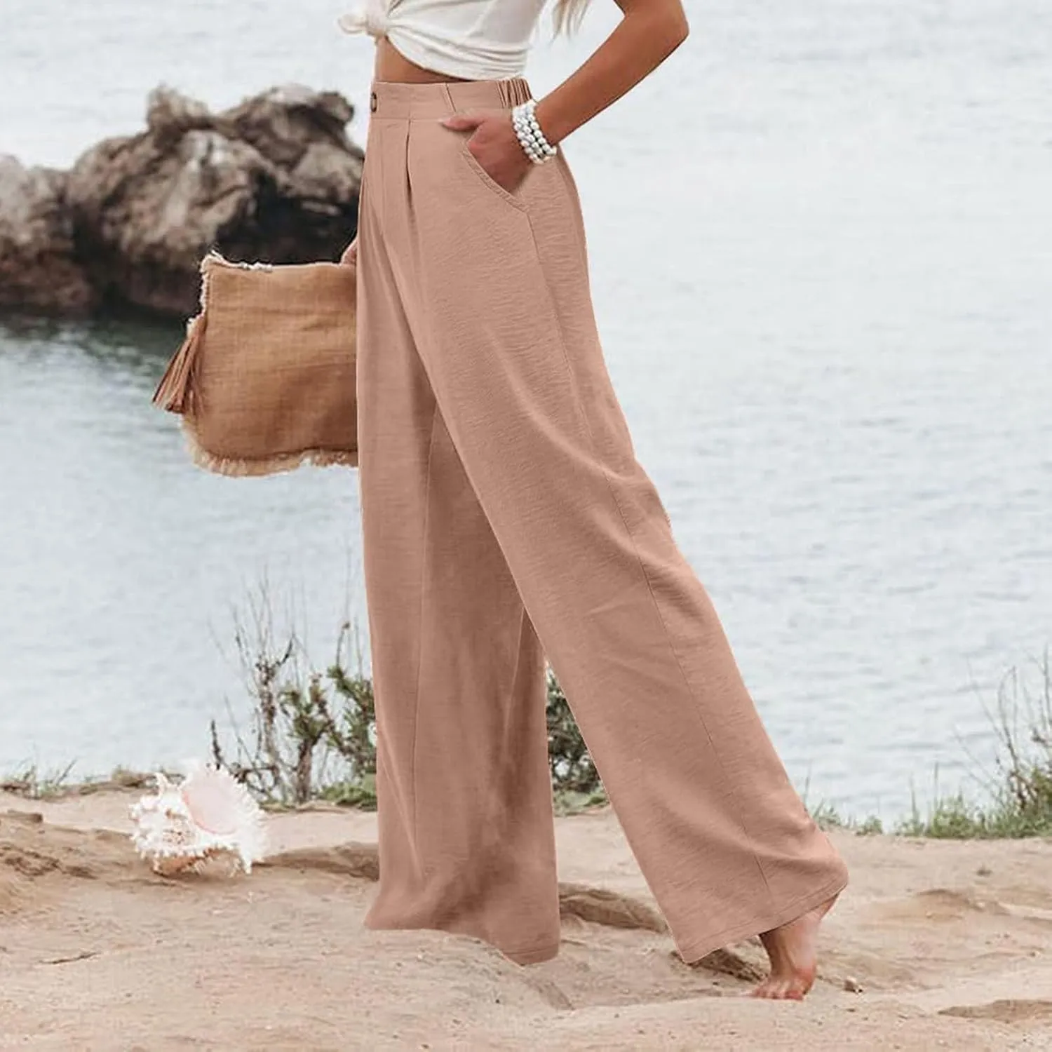 Women's Dress Pants Cotton Linen Wide Leg Pants with Pockets Button Down Office Pleated Business Casual Work Trousers
