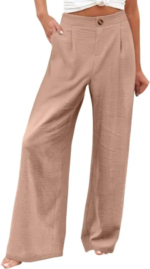 Women's Dress Pants Cotton Linen Wide Leg Pants with Pockets Button Down Office Pleated Business Casual Work Trousers