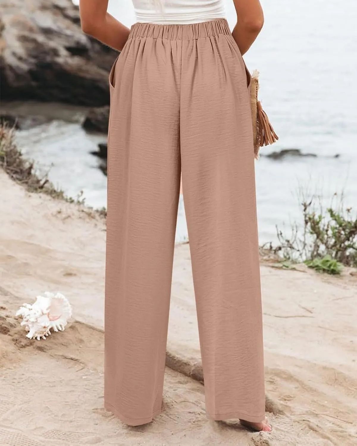 Women's Dress Pants Cotton Linen Wide Leg Pants with Pockets Button Down Office Pleated Business Casual Work Trousers